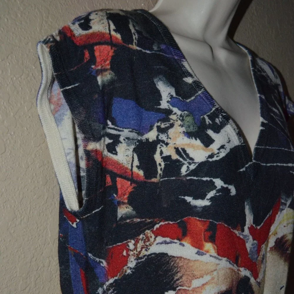 NWOT Sz S Printed Artworks Cashmere Blend Cap Sleeve V-Neck Tunic Sweater